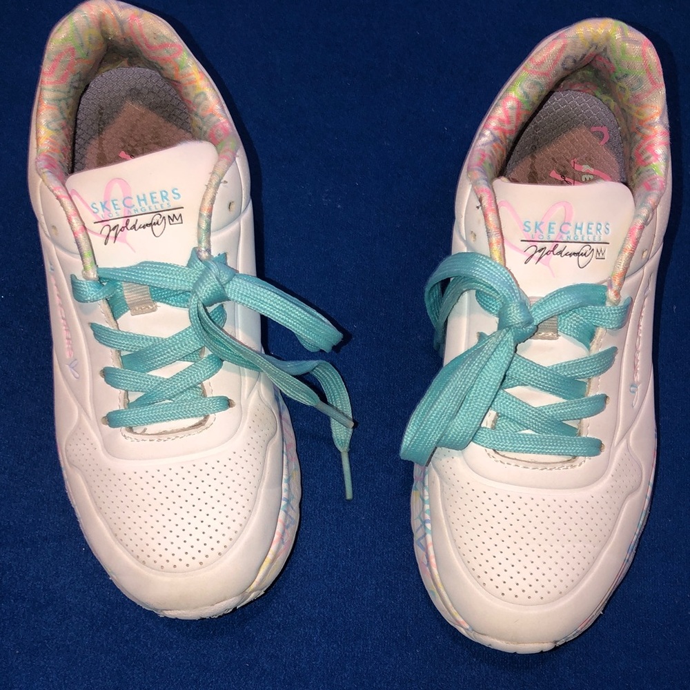 Skechers Kids White Sneakers with Aqua Laces and Pastel Accents